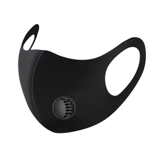 Black breathable face mask with built-in filter valve for comfortable airflow and protection.