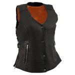 Women's black leather motorcycle vest with side lace, zipper pockets, and studded accents.