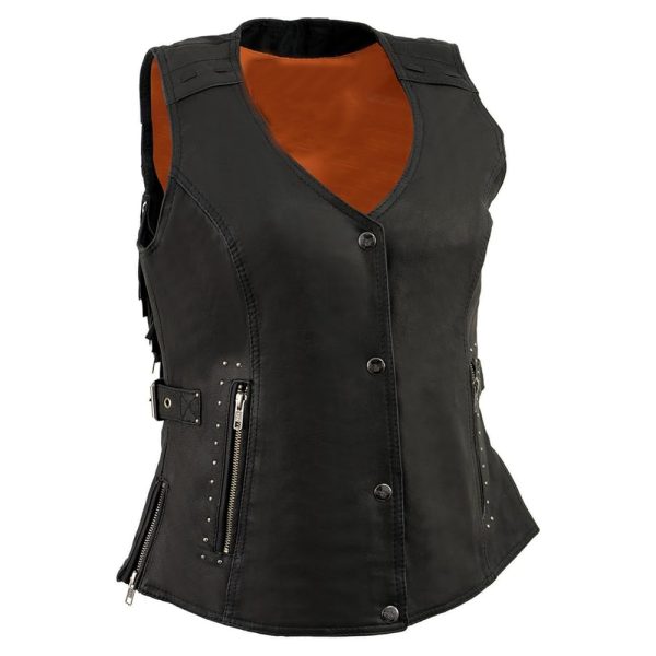 Women's black leather motorcycle vest with side lace, zipper pockets, and studded accents.