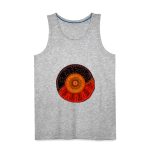 Men’s grey singlet with a colorful circular tribal-inspired graphic design in orange, red, and black.