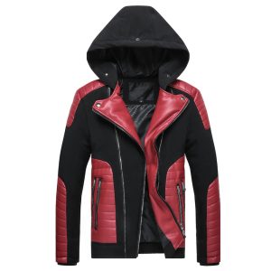 Black and Red Hooded Leather Biker Jacket with Zipper Details