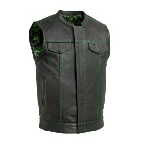 Leather VestMen’s Black Leather Motorcycle Vest with Green Stitching and Club Style Collar