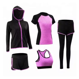 Black and pink women’s 5-piece fitness outfit including sports bra, leggings, shorts, t-shirt, and hooded jacket