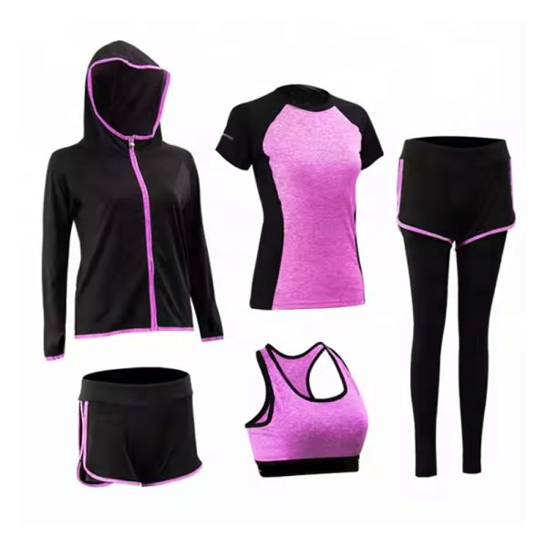 Black and pink women’s 5-piece fitness outfit including sports bra, leggings, shorts, t-shirt, and hooded jacket