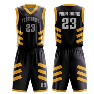 Black and yellow basketball uniform set with customizable team name and number 23.