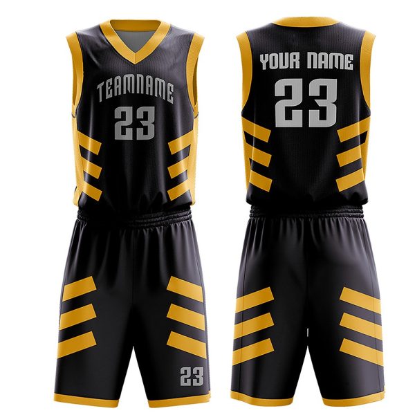Black and yellow basketball uniform set with customizable team name and number 23.