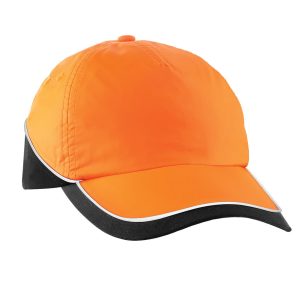 Sporty orange baseball cap with black contrast brim and white trim.