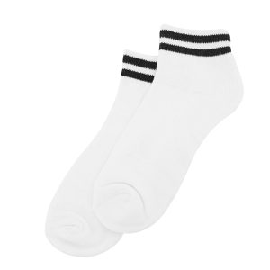 Pair of white ankle socks with black stripes for a sporty style.