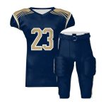 Navy blue football jersey with gold number 23 and gold-striped padded football pants.