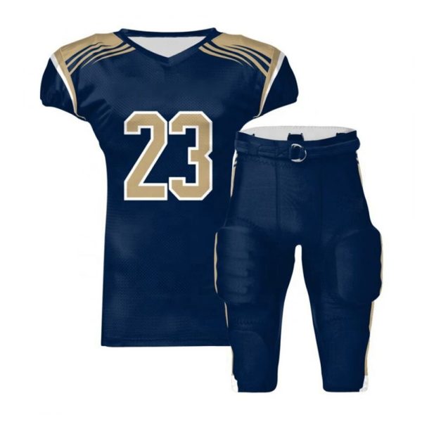 Navy blue football jersey with gold number 23 and gold-striped padded football pants.