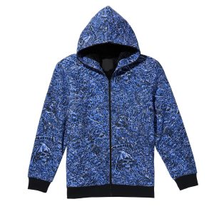 Blue abstract print men’s zip-up hoodie with black cuffs and hem.