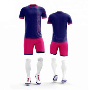 Red and blue custom soccer jersey set with zig-zag design and matching shorts and socks