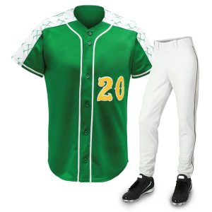 Green and white baseball uniform set with jersey number 20 and white pants.