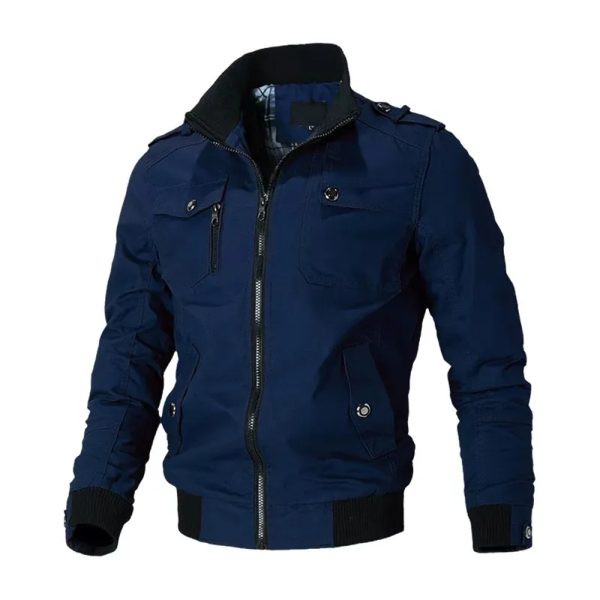 Navy blue casual men’s jacket with zipper closure and military-style design.