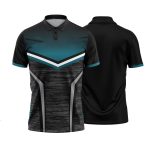 Black and teal geometric polo shirt with bold graphic design and short sleeves.