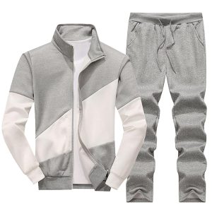 Light grey and white color block men’s tracksuit set with zip-up jacket and drawstring pants.