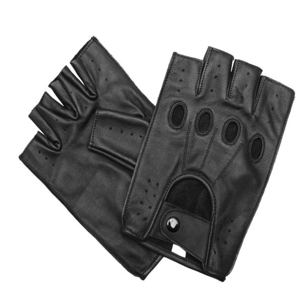 Fingerless black leather driving gloves with perforated detailing.