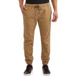 Men’s khaki slim-fit jogger pants with drawstring waist and elastic cuffs.