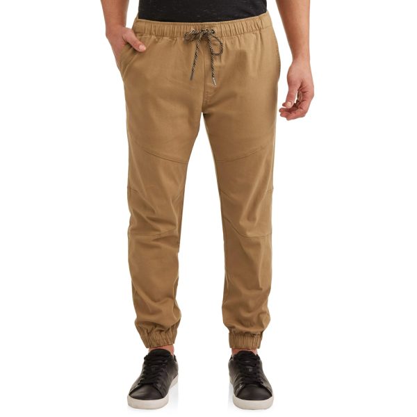 Men’s khaki slim-fit jogger pants with drawstring waist and elastic cuffs.