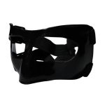 Black full-face protective sports mask with adjustable straps for secure fit.