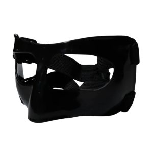Black full-face protective sports mask with adjustable straps for secure fit.