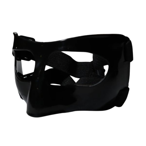 Black full-face protective sports mask with adjustable straps for secure fit.