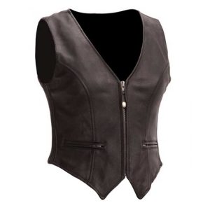 Women’s Black Leather Biker Vest with V-Neck and Zip Closure