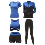 Women’s athletic outfit in blue and black, featuring leggings, shorts, sports bra, t-shirt, and zip-up jacket