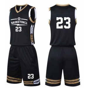 Black and gold basketball jersey and shorts set with number 23.