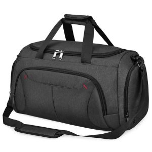 Dark grey multi-compartment sports duffle bag with adjustable shoulder strap and padded handles.