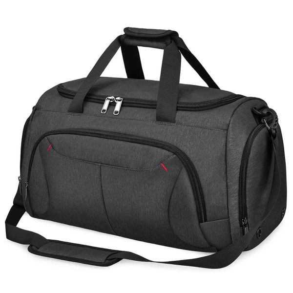 Dark grey multi-compartment sports duffle bag with adjustable shoulder strap and padded handles.