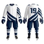 White and navy custom ice hockey uniform set with diagonal stripe design and number 19.