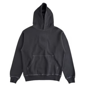 Charcoal grey pullover hoodie with kangaroo pocket and heavyweight fleece fabric.