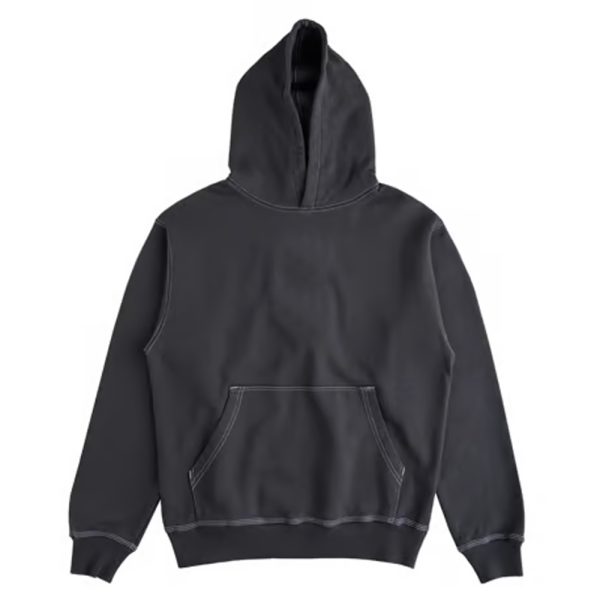 Charcoal grey pullover hoodie with kangaroo pocket and heavyweight fleece fabric.