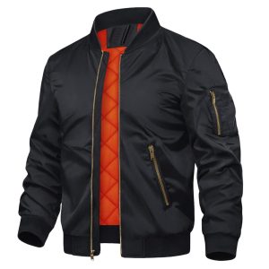 Black bomber jacket with quilted orange lining, front zipper, and zip pockets.