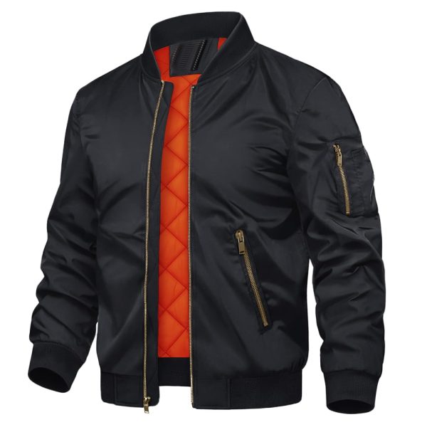 Black bomber jacket with quilted orange lining, front zipper, and zip pockets.