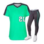 Neon green and charcoal women's softball uniform with jersey number 20 and side-piped pants.