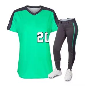 Neon green and charcoal women's softball uniform with jersey number 20 and side-piped pants.