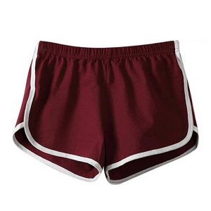 Women’s maroon retro running shorts with white trim and elastic waistband.
