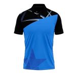 Blue and black polo shirt with abstract star and line design, short sleeves.