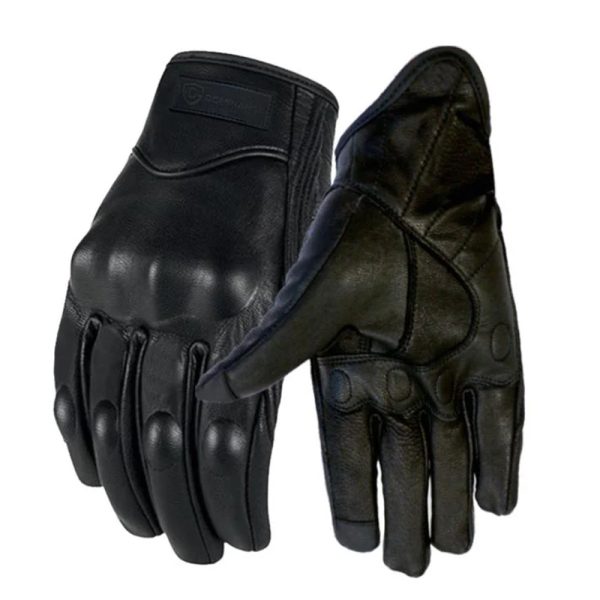 Black leather motorcycle gloves with protective knuckle padding.
