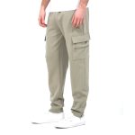 Men’s light olive cargo jogger pants with multiple flap pockets and relaxed fit.