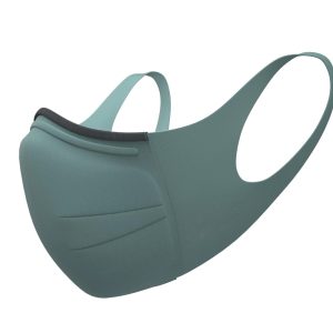 Green ergonomic sports face mask with adjustable nose pad and ear loops.