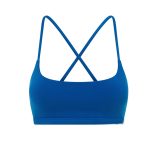 Ocean blue seamless sports bra with thin crisscross straps for gym and yoga.