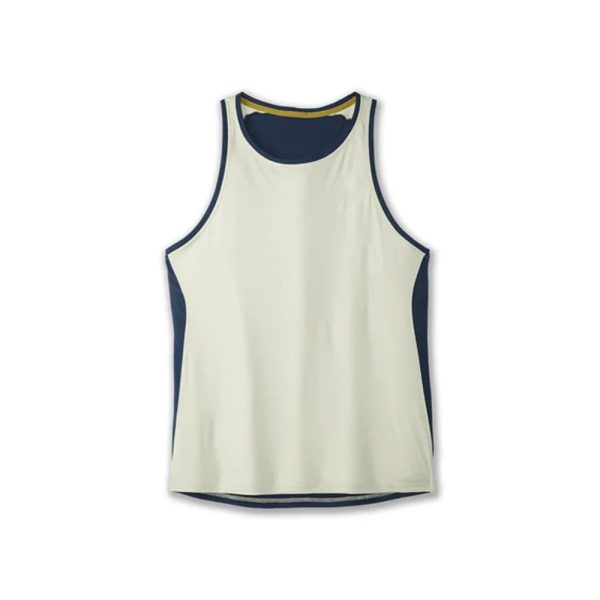 Men’s sleeveless two-tone athletic sports singlet in white and navy blue.