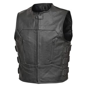 Men’s Tactical Black Leather Motorcycle Vest with Side Buckles