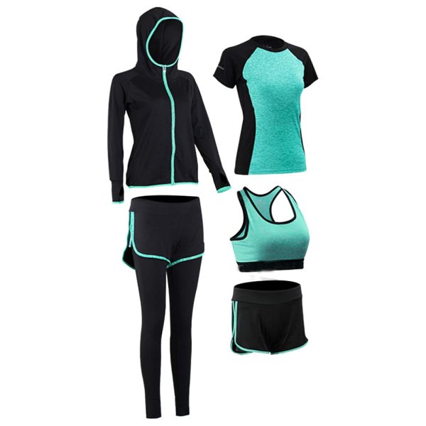 Women’s fitness set in mint green and black with jacket, t-shirt, sports bra, leggings, and shorts