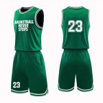 Green basketball jersey and shorts set with "Basketball Never Stops" slogan and number 23.