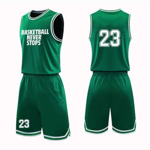 Green basketball jersey and shorts set with "Basketball Never Stops" slogan and number 23.