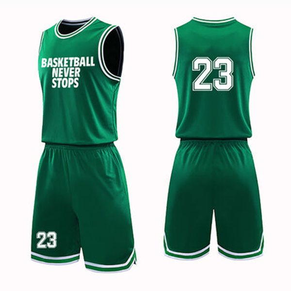 Green basketball jersey and shorts set with "Basketball Never Stops" slogan and number 23.